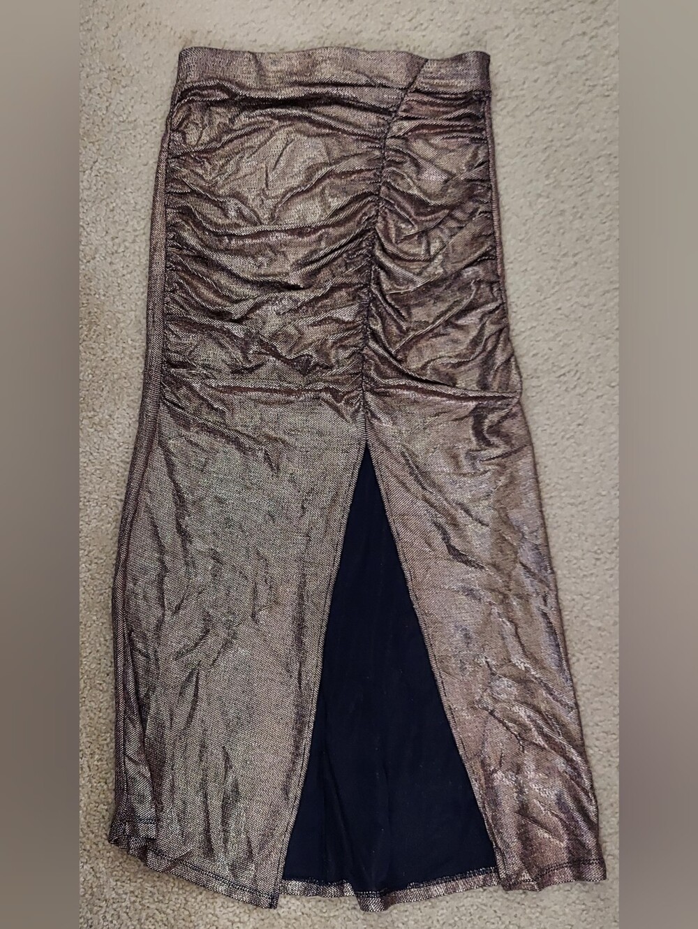 Zara Metallic Bronze Ruched Women's Skirt with Back Slit. Size Medium. S-602